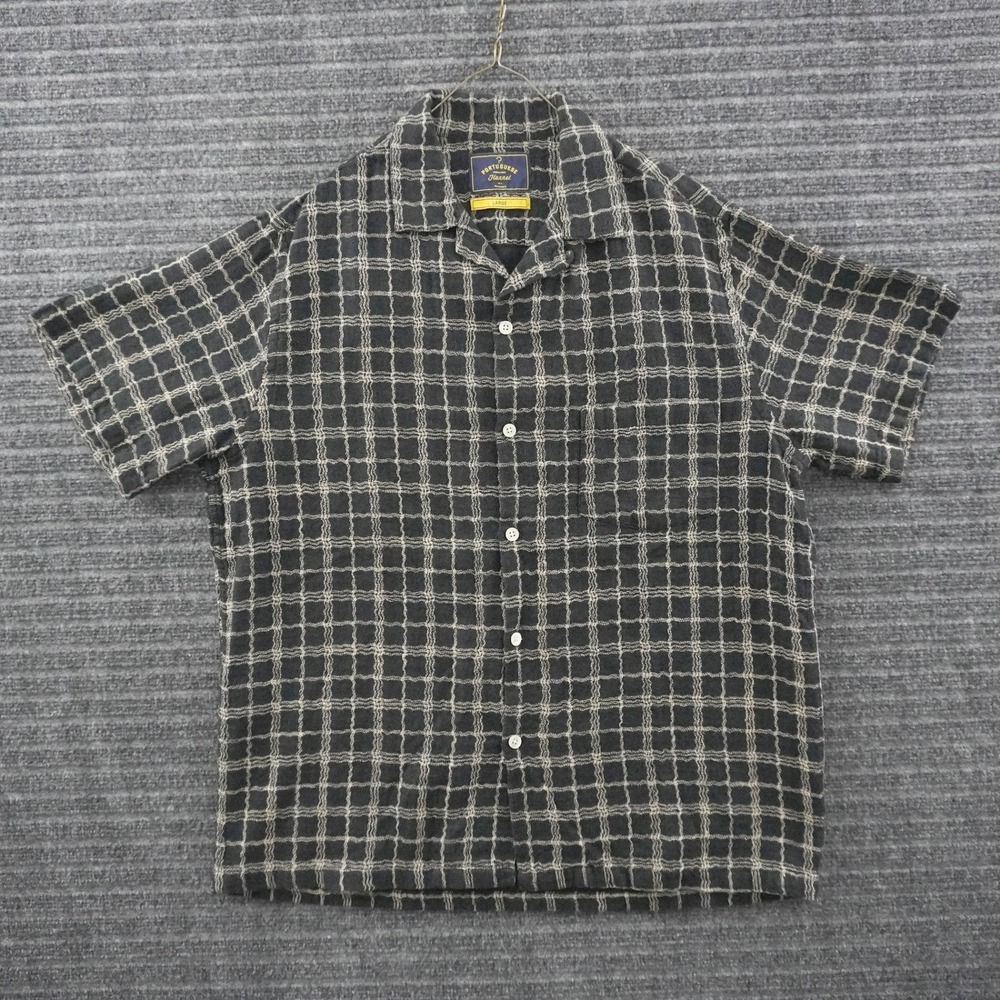 Portuguese Flannel Button Up Shirt Mens Large Charcoal Grey Grid Camp Collar